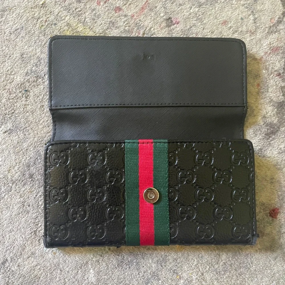 Gucci‎ Marmont Web Stripe Black Leather Continental Wallet Gold GG Logo Trifold